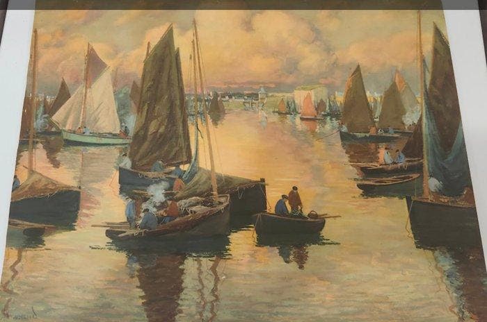 Mathurin Janssaud (1857-1940) - Pêcheur au port, Antiek en Kunst, Kunst | Schilderijen | Klassiek