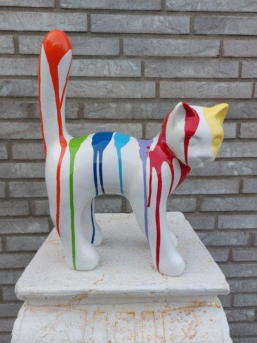 Statue, garden statue cat color white with paint color - 33, Antiek en Kunst, Kunst | Designobjecten