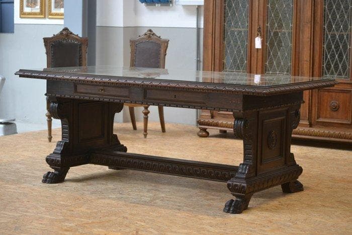 Bibliotheektafel - Hout, Glas, Antiquités & Art, Antiquités | Autres Antiquités