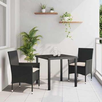 vidaXL Tuin Eettafel Set met kussen 3 pcs Zwart poly rattan, Verzenden