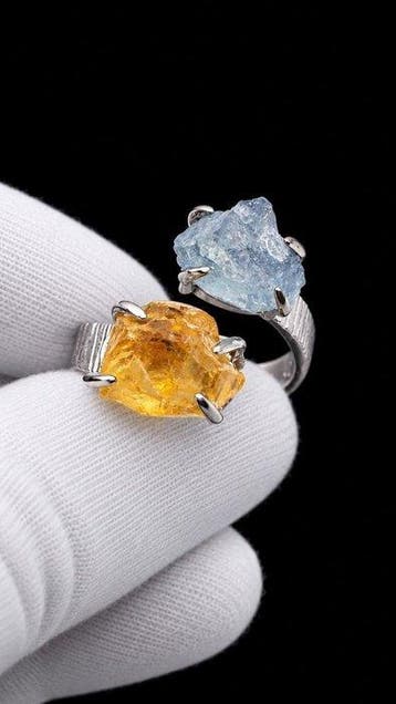 Bague avec aigue-marine et citrine naturelle brute - Bague -