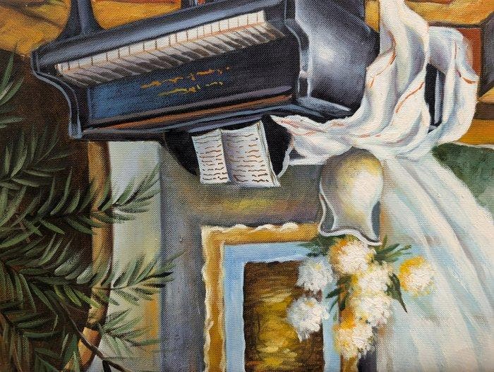 French School (XX) - Interior with piano, Antiquités & Art, Art | Peinture | Classique