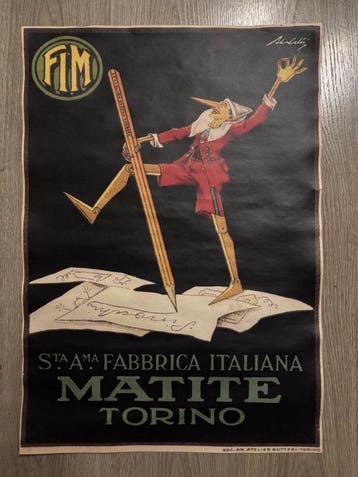 Ortelli - Manifesto pubblicitario FIM Matite Torino, Antiquités & Art