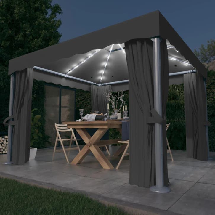 vidaXL Prieel met gordijn en LED-lichtslinger 3x3 m, Jardin & Terrasse, Tonnelles, Envoi