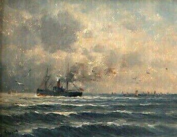 Romain Steppe (1859-1927) - Meeresmotiv mit Damfschiff, Antiek en Kunst