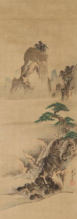Very fine diptych Landscapes With Cranes And Turtles,
