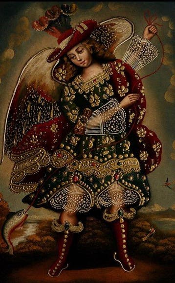 Cuzco school (XX) - Archangel Raphael With Fish - 31 x 41 cm