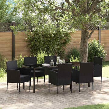 vidaXL Tuin Eettafel Set met kussen 7 pcs Zwart poly rattan, Verzenden, Nieuw