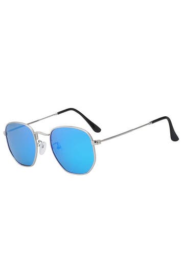 KIMU® Zonnebril Hexagonal Zilver Montuur Blauw Zeshoekige Sp, Ophalen of Verzenden, Nieuw, Blauw