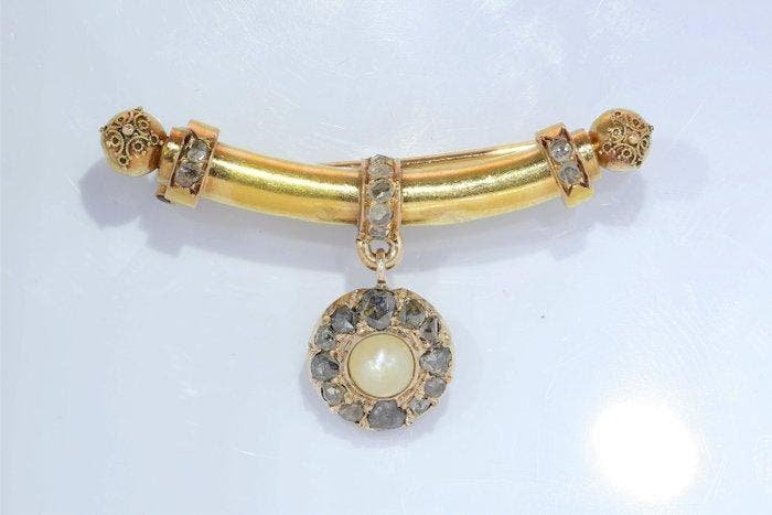 Broche - 18 karaat Geel goud Diamant (Natuurlijk) - Parel -, Handtassen en Accessoires, Antieke sieraden