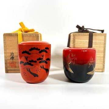Two Japanese Pine & Crane Lacquer Natsume - Natsume - Hout