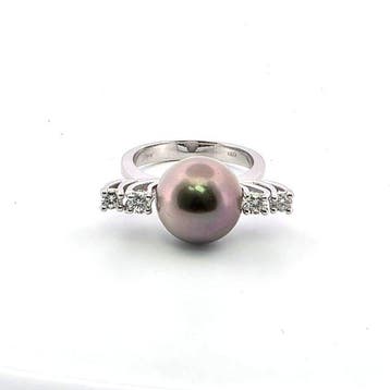 Ring - 18 karaat Witgoud - 0.25ct. tw. Parel - Diamant