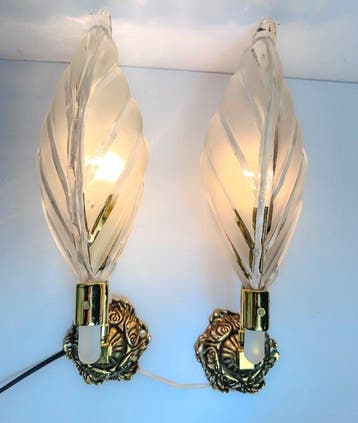 Wandkandelaar (2) - blad - Glas, Messing, Brons - Murano, Maison & Meubles
