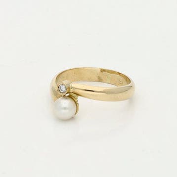 Bague - 18 carats Or jaune Diamant (Naturelle) - perle deau