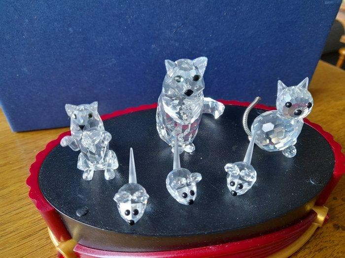Swarovski - Beeldje - 3 verschillende katten en 3 mini, Antiquités & Art, Curiosités & Brocante