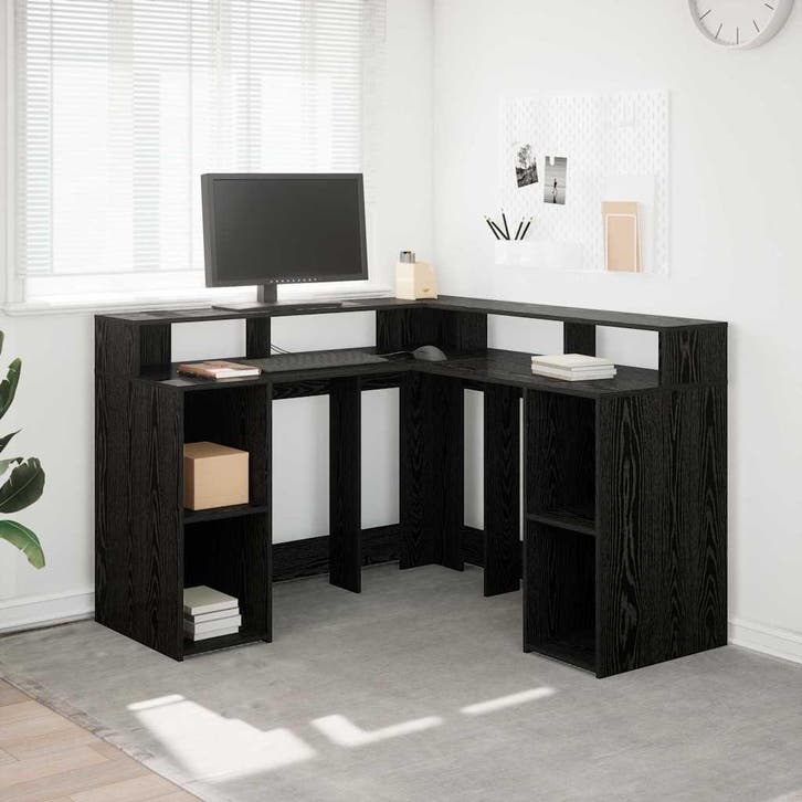 vidaXL Bureau met plank Zwart Eiken 130 x 130 x 91 cm, Huis en Inrichting, Bureaus, Nieuw, Verzenden