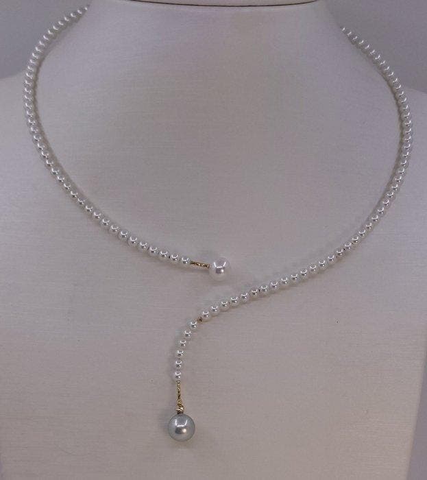 Halsketting - 18 karaat Geel goud, 7x9 mm Akoya parels - 3,5, Handtassen en Accessoires, Kettingen