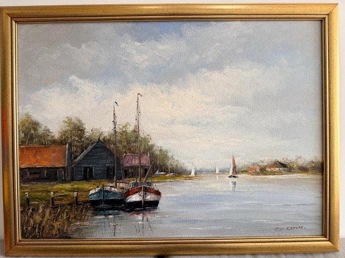 G. J. Ernens (1935-2020) - Vissersschepen aan de oever, Antiek en Kunst, Kunst | Schilderijen | Klassiek