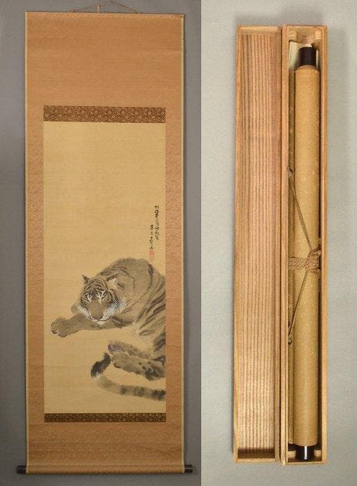 Japanse hangende rol - Tijger - Inkt en kleur op zijde,, Antiquités & Art, Antiquités | Autres Antiquités
