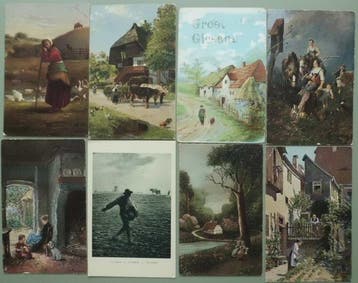 Boerderijen, Boeren en Boerenleven - oude fantasie kaarten -, Verzamelen, Gelopen