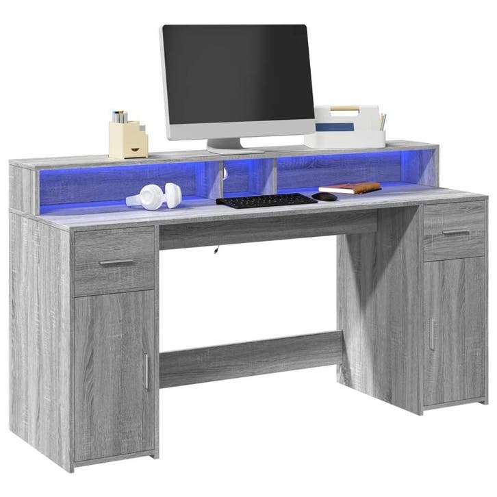vidaXL Bureau met LED-verlichting 160x55x91 cm hout grijs, Huis en Inrichting, Bureaus, Nieuw, Verzenden