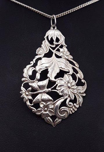 Zilver, Art Nouveau, Vlinder - Ketting met hanger - D.