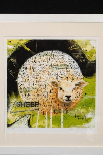 Framed lithograph with sheep motif “Sheep (G)” by Kohei