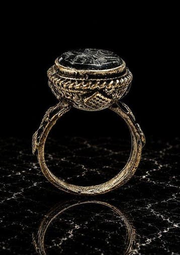 Islamitisch Zilver Ring met zwarte obsidiaan intaglio