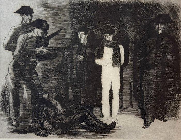 Yves Alix (1890-1969) - La Reddition (Scène de Répression en, Antiquités & Art, Antiquités | Autres Antiquités