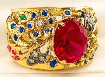Zonder minimumprijs - Ring - 9 kt. Geel goud, Zilver Robijn