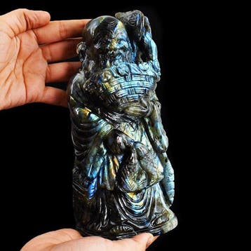 Beeld, Big Madagascar Blue Flash Labradorite Laughing Buddha