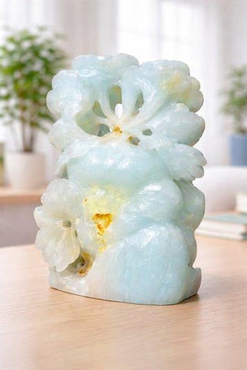 Handgemaakt babyblauw amazoniet-vogel met pompoensculptuur -