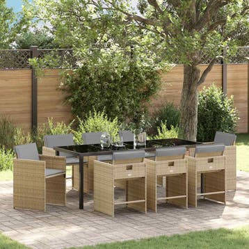 vidaXL Tuin Eettafel Set 9 st Beige poly rattan, Verzenden, Nieuw