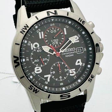 Seiko - Chronograph Military Black Dial and Red and White