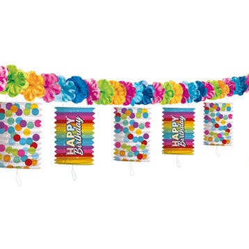 Happy Birthday Lampionnen Slinger Regenboog Confetti 3,6m, Verzenden