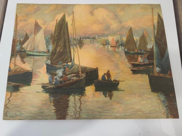 Mathurin Janssaud (1857-1940) - Pêcheur au port, Antiek en Kunst, Kunst | Schilderijen | Klassiek