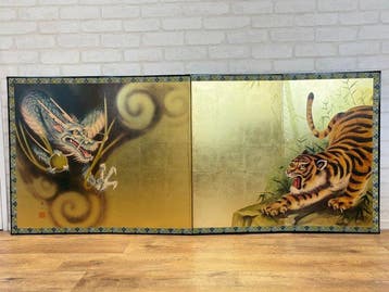 Kamerscherm - Hout, Textiel, Goudblad, Japans vierdelig