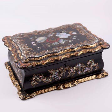 Victorian Gilt, Mother-of-Pearl Inlaid Papier-Mâché Sewing