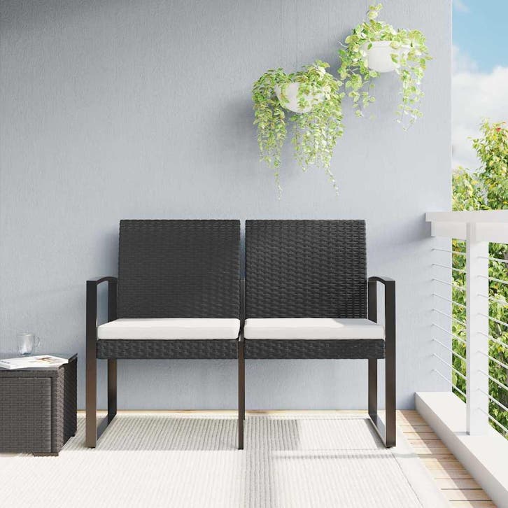 vidaXL Tuinbank 2-zits met kussens polypropeen rattan zwart, Tuin en Terras, Tuinsets en Loungesets, Nieuw, Verzenden