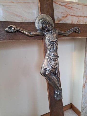Crucifix - Hout Blik Metaal - 1950-1960 - Kerk Kruisbeeld -