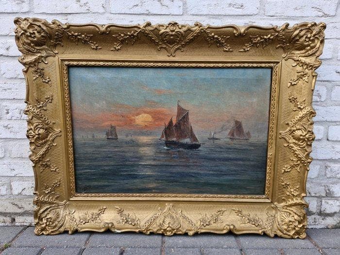 Romain Steppe (1859-1927) - Maritiem tafereel met zeilboten, Antiquités & Art, Art | Peinture | Classique