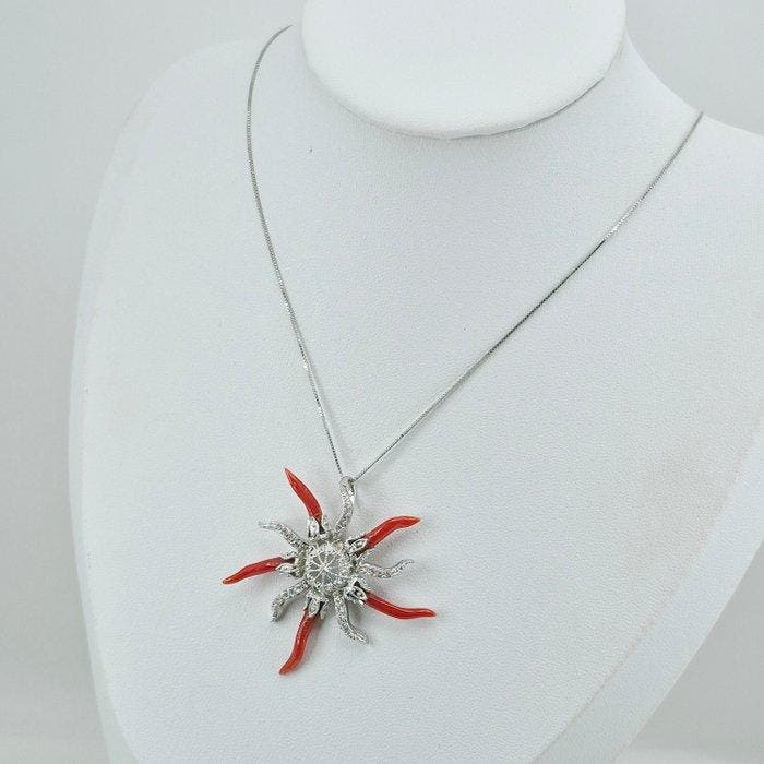 Bloedkoraal - Zilver - Ketting met hanger - CORALLO, Antiek en Kunst, Curiosa en Brocante