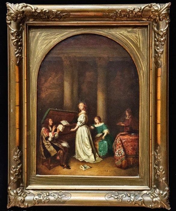 After Caspar Netscher (XIX) - Singing lesson, Antiek en Kunst, Kunst | Schilderijen | Klassiek