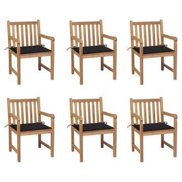vidaXL Tuinstoelen 6 st met zwarte kussens massief teakhout, Verzenden, Nieuw