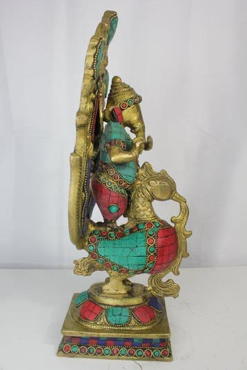 Ganesha met pauw– brons met gekleurde mozaïeinlagen – 34 cm