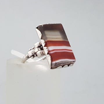 Zilver, Art Deco, Streep Agaat - Ring
