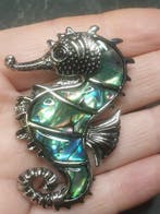 Métal, Broche/pendentif hippocampe en coquille de paua -