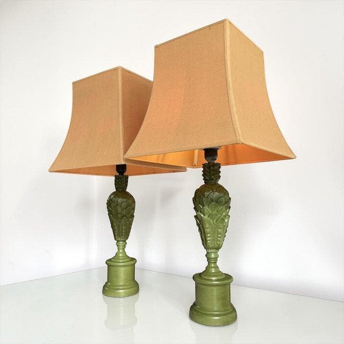 Lampe (2) - Lampes vert olive au style ananas - Bois, Antiquités & Art, Curiosités & Brocante
