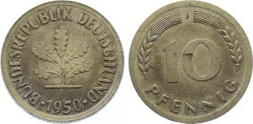 Duitsland 10 Pfennig 1950 J zu groß 22,2 mm, sehr breiter.., Verzenden