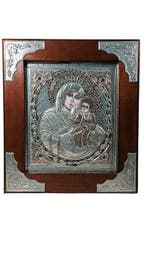 Icoon - Moeder Gods - Metaal, stenen, Hout, Verzilverd - 36
